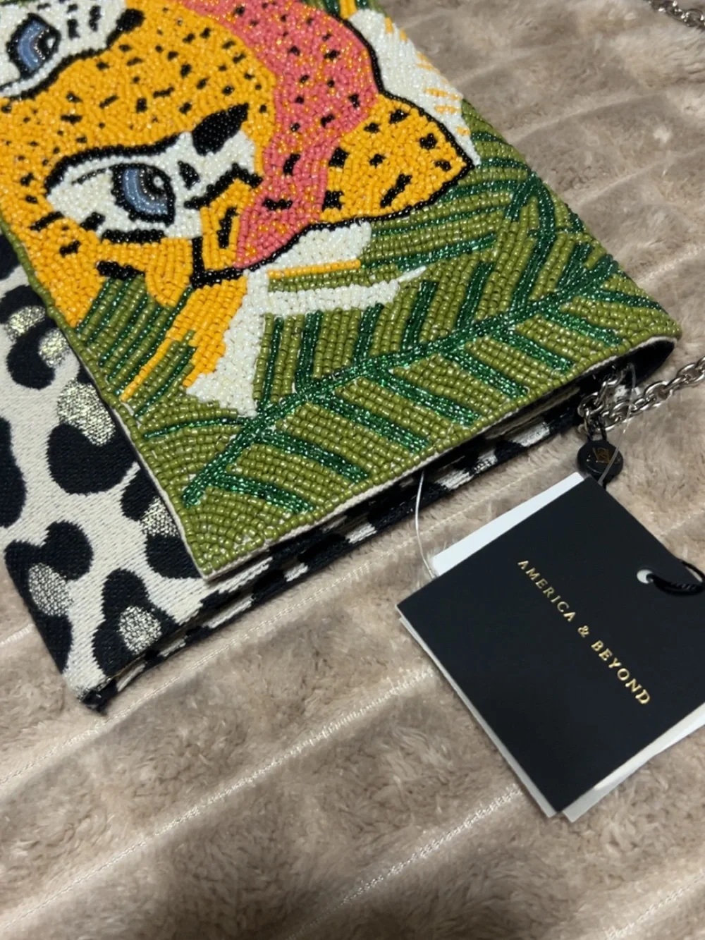 NWT America & Beyond Beaded Leopard Clutch with silver strap